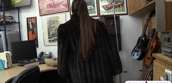  Babe in fur coat gets banged by pawn guy